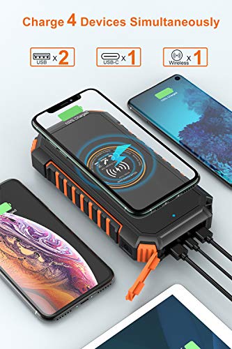 Hiluckey Wireless Solar Powerbank 26800mAh Wasserdichtes Solar Ladegerät USB C Externer Akku mit 4 Outputs, Qi Power Bank für iPhone, Samsung, Huawei, iPad und mehr - 5