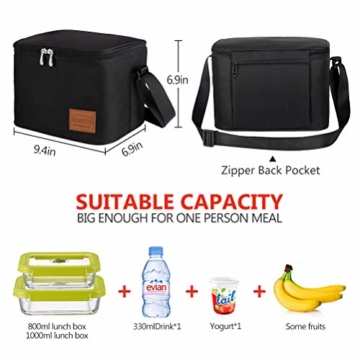 Kühltasche Klein Leicht Lunch Tasche Isoliertasche zur Arbeit Schule Faltbar Wasserdicht Reißverschluss Schwarz 7,5L - 4