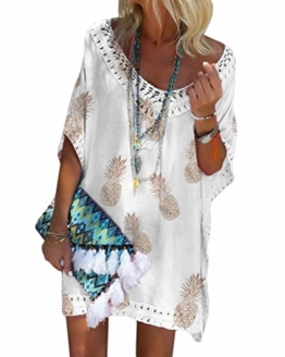 Minetom Damen Kurzarm V-Ausschnitt Retro Bikini Cover Up Strandkleid Bikinikleid Beachwear Lose Spitze Drucken Mini Kleid A Weiß 38 - 1