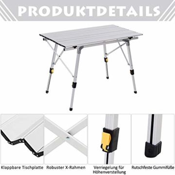 Outsunny Picknick Klapptisch, Falttisch, Höhenverstellbarer Campingtisch, Inkl. Tragetasche, Aluminium, Silber, 90 x 53 x 45-65 cm - 6