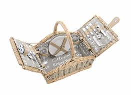 Picknickkorb 2 Personen - 14 TLG Set - Aus Weide Geflochten Mit Deckel, Keramik Geschirr, Besteck Und Wein-Gläsern - 1