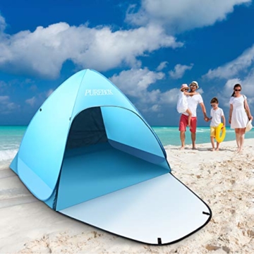PUREBOX Strandmuschel groß Pop up Strandzelt Extra Leicht UV Schutz 50+ Sonnenschutz Tragbar Beach Zelt Belüftung Wasserdicht Outdoor Wurfzelt für 1-3 Personen mit erweiterter Veranda - 3