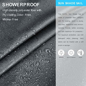 RATEL Sonnensegel Grau 4 × 6 m Rechteckig, wasserdicht Windschutz mit 95% UV Schutz Sonnenschutz für Draußen, Patio, Garten Terrasse Camping - 2