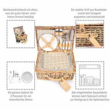 Sänger Picknickkorb Amrum aus Weide für 2 Personen, Hochwertiger Weidenkorb mit integrierter Kühltasche, 13 teilig, Volumen der Kühltasche 10,5 L, Henkelkorb mit Picknickgeschirr - 2