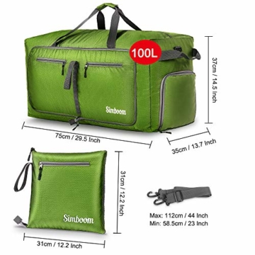 Simboom Faltbare Reisetasche für Männer und Frauen, 100L Wasserdicht Reise-Gepäck Sporttasche Leichter Duffel Taschen mit schuhfach für Gepäck Reise Sport Gym Urlaub, Grün - 2