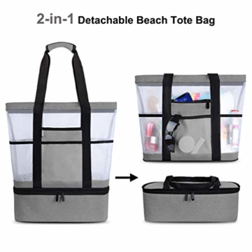 Strandtasche Groß Mesh Beachbag mit Wasserdichtem Kühlfach Hoch Kapazität Reißverschluss Sommer Tasche 41 * 15 * 51cm Beachbag Urlaubstasche für Strand Urlaub Reise Picknick - 4