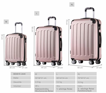 BEIBYE Hartschalen-Koffer Trolley Rollkoffer Reisekoffer Handgepäck 4 Rollen (M-L-XL-Set) (Rosa Gold, M) - 6