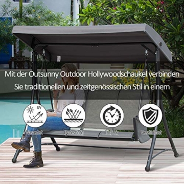 Outsunny 3-Sitzer Hollywoodschaukel, Gartenschaukel mit Sonnendach, Schaukelbank mit Ablage, Aluminium, Grau, 196 x 128 x 172 cm - 3