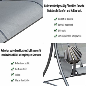 Outsunny 3-Sitzer Hollywoodschaukel, Gartenschaukel mit Sonnendach, Schaukelbank mit Ablage, Aluminium, Grau, 196 x 128 x 172 cm - 4