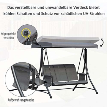 Outsunny 3-Sitzer Hollywoodschaukel, Gartenschaukel mit Sonnendach, Schaukelbank mit Ablage, Aluminium, Grau, 196 x 128 x 172 cm - 6