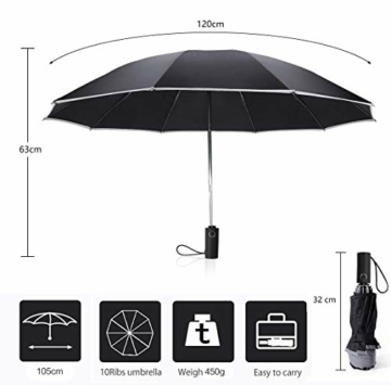 Regenschirm Groß, Lzfitpot 41 Inches Taschenschirm Sturmfest bis 140 km/h, Winddicht, Auf-Zu Automatik, Extra Stabil 210T Nylon Umbrella, mit Reflektierende Streifen für Sicherheit, 10 Ribs, Schwarz - 6
