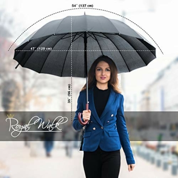 Royal Walk Groß XXL 54 inch Automatik Reise Golf Regenschirm fur Damen und Herren Sturmfest Windsicher Leicht Klassisch fur 2 Personen Holzgriff Wasserabweisend 16 Rippen Unisex Schwarze 120cm - 5