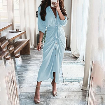 ASDVB Damenmode Loser V-Ausschnitt Knopf Streifen Print Schnürung Taille Hohe Taille Halbarm Kleid Sommer Strandkleid - 2