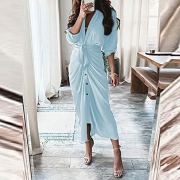 ASDVB Damenmode Loser V-Ausschnitt Knopf Streifen Print Schnürung Taille Hohe Taille Halbarm Kleid Sommer Strandkleid - 3