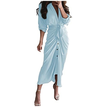 ASDVB Damenmode Loser V-Ausschnitt Knopf Streifen Print Schnürung Taille Hohe Taille Halbarm Kleid Sommer Strandkleid - 1