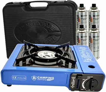 B Camping Gaskocher mit 4 Gaskartuschen Campingkocher 1-flammig max. Leistung 2,1 KW Farbe Blau oder Schwarz - 7
