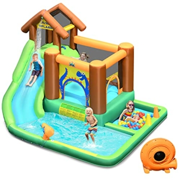 COSTWAY Hüpfburg mit Gebläse, Wasserrutsche Spielpool Aufblasbare, Wasserspielcenter mit Rutsche, Wasserpark aufblasbar, Planschbecken 368x303x230cm - 1