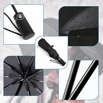 Adoric Regenschirm Sturmfest bis 140 km/h Taschenschirm automatischer Schirm Umbrella schnelltrockend Golfschirm mit Trockenbeutel Schützt vor Regen und Sonne,schwarz,33 * 6 * 6 cm - 4