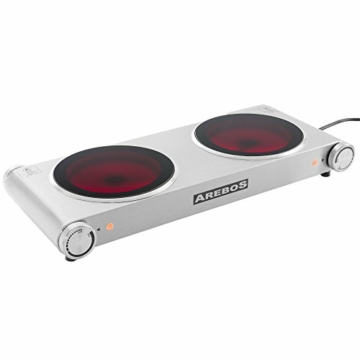 Arebos 2400 W Doppelkochplatte für Küche, Büro oder Camping | kleine Herdplatte mit stufenloser Temperatureinstellung | Campingkocher | Edelstahl & Glaskeramik | Überhitzungsschutz - 1