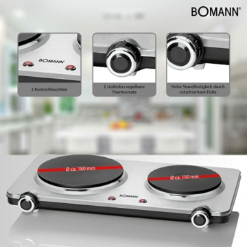 Bomann Doppel-Kochplatte DKP 5033 E, ideal für Camping, Küche oder Büro, zwei Kochplatten groß 18 cm und klein 15 cm, stufenlos regelbare Thermostate, Cool Touch-Griffe, Überhitzungsschutz, edelstahl - 3