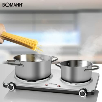 Bomann Doppel-Kochplatte DKP 5033 E, ideal für Camping, Küche oder Büro, zwei Kochplatten groß 18 cm und klein 15 cm, stufenlos regelbare Thermostate, Cool Touch-Griffe, Überhitzungsschutz, edelstahl - 4