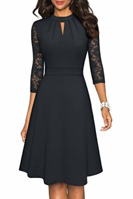 HOMEYEE Damen Elegant Hollow Out Spitzenärmel Swing Plissee Party Cocktailkleid A234 (XL, Schwarz) - 1