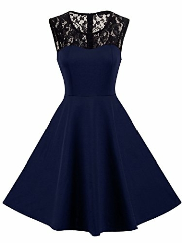 HOMEYEE Damen Elegant Spitze Rundhalsausschnitt Ärmel Mesh-A-Linie Kleid UKA008 (EU 36 (Herstellergroesse: S), Dunkelblau) - 1
