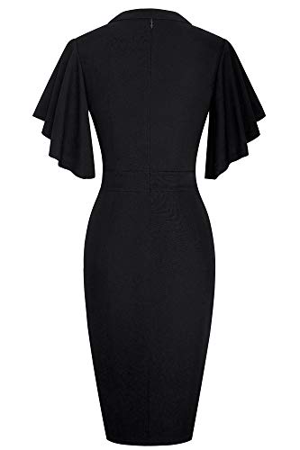 HOMEYEE Damen Elegant V-Ausschnitt mit Rüschen Sleeve Stretch Party Kleid B572 (M, Schwarz) - 3