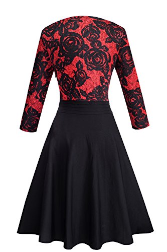 HOMEYEE Damen Vintage 3/4 Ärmel Floral Spitze Gestickte Cocktail Ausgestelltes Kleid A062 (EU 38 = Size M, Rot + Schwarz) - 2