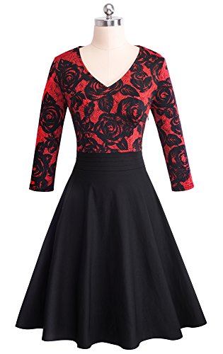 HOMEYEE Damen Vintage 3/4 Ärmel Floral Spitze Gestickte Cocktail Ausgestelltes Kleid A062 (EU 38 = Size M, Rot + Schwarz) - 3
