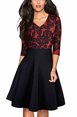 HOMEYEE Damen Vintage 3/4 Ärmel Floral Spitze Gestickte Cocktail Ausgestelltes Kleid A062 (EU 38 = Size M, Rot + Schwarz) - 1