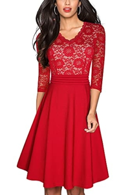 HOMEYEE Damen Vintage 3/4 Ärmel Floral Spitze Gestickte Cocktail Ausgestelltes Kleid A062 (L, Rot) - 1