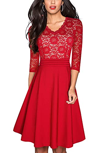 HOMEYEE Damen Vintage 3/4 Ärmel Floral Spitze Gestickte Cocktail Ausgestelltes Kleid A062 (L, Rot) - 1