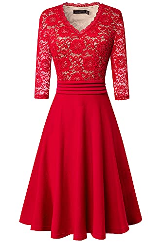 HOMEYEE Damen Vintage 3/4 Ärmel Floral Spitze Gestickte Cocktail Ausgestelltes Kleid A062 (L, Rot) - 2