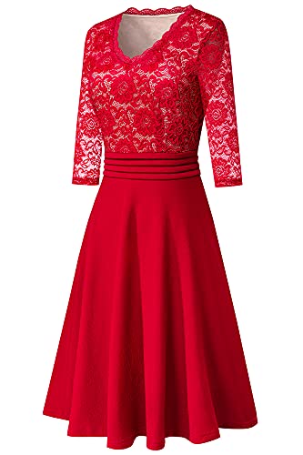 HOMEYEE Damen Vintage 3/4 Ärmel Floral Spitze Gestickte Cocktail Ausgestelltes Kleid A062 (L, Rot) - 3