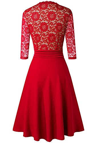 HOMEYEE Damen Vintage 3/4 Ärmel Floral Spitze Gestickte Cocktail Ausgestelltes Kleid A062 (L, Rot) - 4