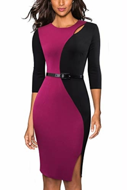 HOMEYEE Damen Vintage 3/4 Ärmel Rundhalsausschnitt Colorblock Gürtel Business Kleid B478 (EU 40 = Size L, Karminrot) - 1
