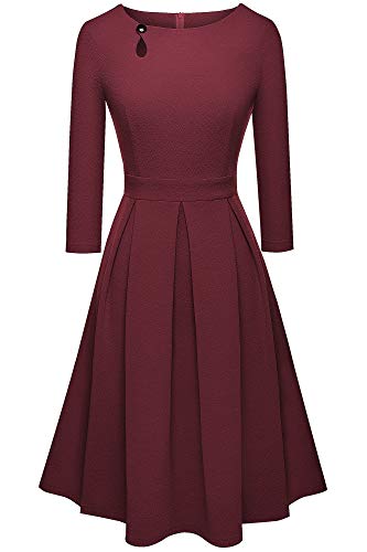 HOMEYEE Damen Vintage Aushöhlen Rundhals Abgefackelt Plissee Cocktailkleid A223 (M, Karminrot) - 2