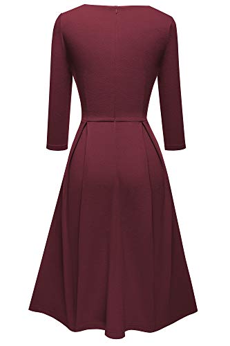 HOMEYEE Damen Vintage Aushöhlen Rundhals Abgefackelt Plissee Cocktailkleid A223 (M, Karminrot) - 3