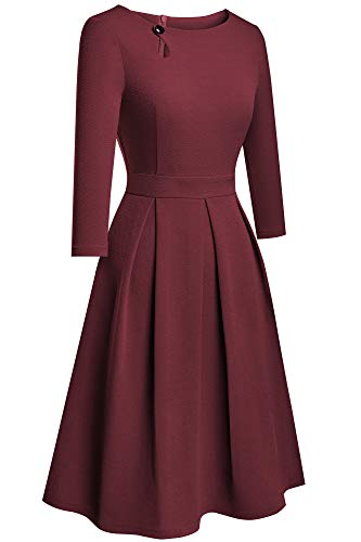 HOMEYEE Damen Vintage Aushöhlen Rundhals Abgefackelt Plissee Cocktailkleid A223 (M, Karminrot) - 4