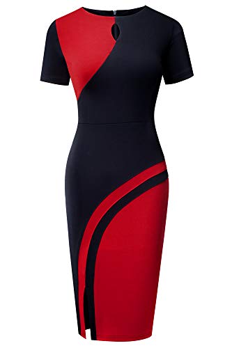 HOMEYEE Damen Vintage Hollow Out Kontrastfarbe Stretch Business Kleid B571 (S, Rot + Schwarz) - 2