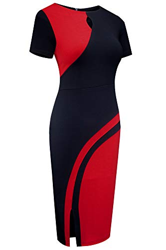 HOMEYEE Damen Vintage Hollow Out Kontrastfarbe Stretch Business Kleid B571 (S, Rot + Schwarz) - 4
