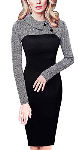 HOMEYEE Damen Vintage Langarm Elegant Kleid Business Party Cocktailkleid Knielanges Abendkleid B238 (EU 40 (Herstellergroesse: L), Grau) - 3