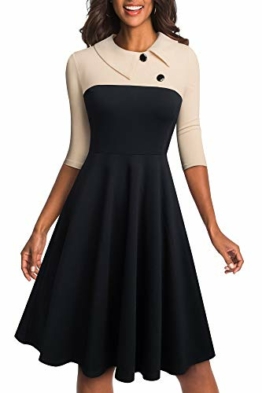 HOMEYEE Damen Vintage Revers Colorblock Houndstooth Patchwork Swing Business Kleid A121 (M, Aprikose + Schwarz) - 1