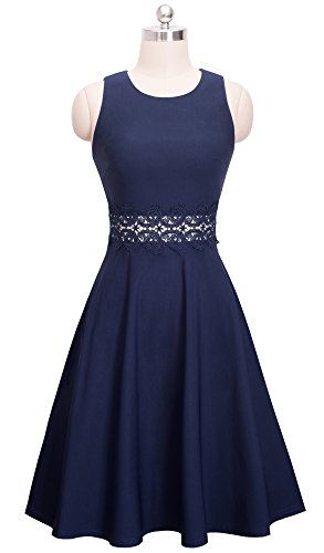 HOMEYEE Damen Vintage Rundhalsausschnitt ärmellosen Blumen Bestickt knielangen Cocktailkleid UKA079 (EU 36 = Size S,Dunkelblau) - 3