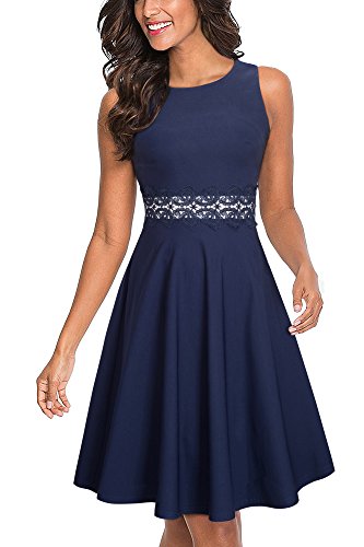 HOMEYEE Damen Vintage Rundhalsausschnitt ärmellosen Blumen Bestickt knielangen Cocktailkleid UKA079 (EU 36 = Size S,Dunkelblau) - 1