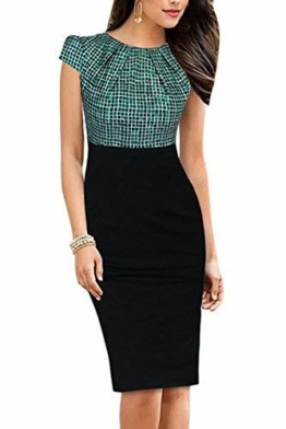 HOMEYEE Damen Vintage Rundhalsausschnitt Blumendruck Bodycon Business Bleistift Kleid B316 (EU 36 = Size S,Grünes Gitter) - 1