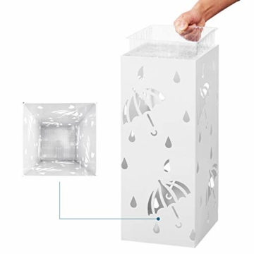 Lestarain Schirmständer Metall Regenschirmständer Schirmhalter mit Wasserauffangschale und Haken Quader Weiß 20x20x49 cm - 4