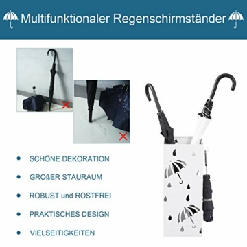 Lestarain Schirmständer Metall Regenschirmständer Schirmhalter mit Wasserauffangschale und Haken Quader Weiß 20x20x49 cm - 6