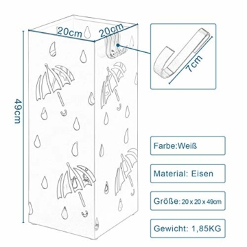 Lestarain Schirmständer Metall Regenschirmständer Schirmhalter mit Wasserauffangschale und Haken Quader Weiß 20x20x49 cm - 7